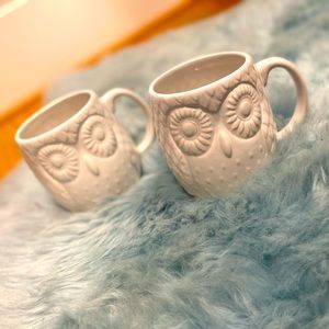 West Elm White Embossed Owl Mugs set of 2